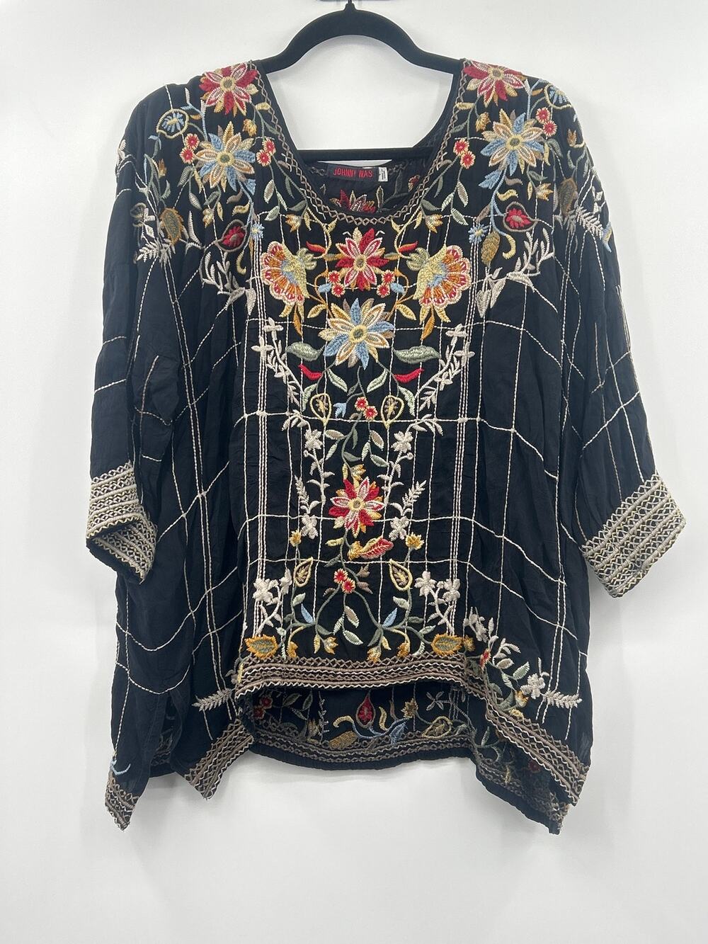 Johnny Was Sienna Embroidered Tunic Top Size Large Black Floral Boho Artisan